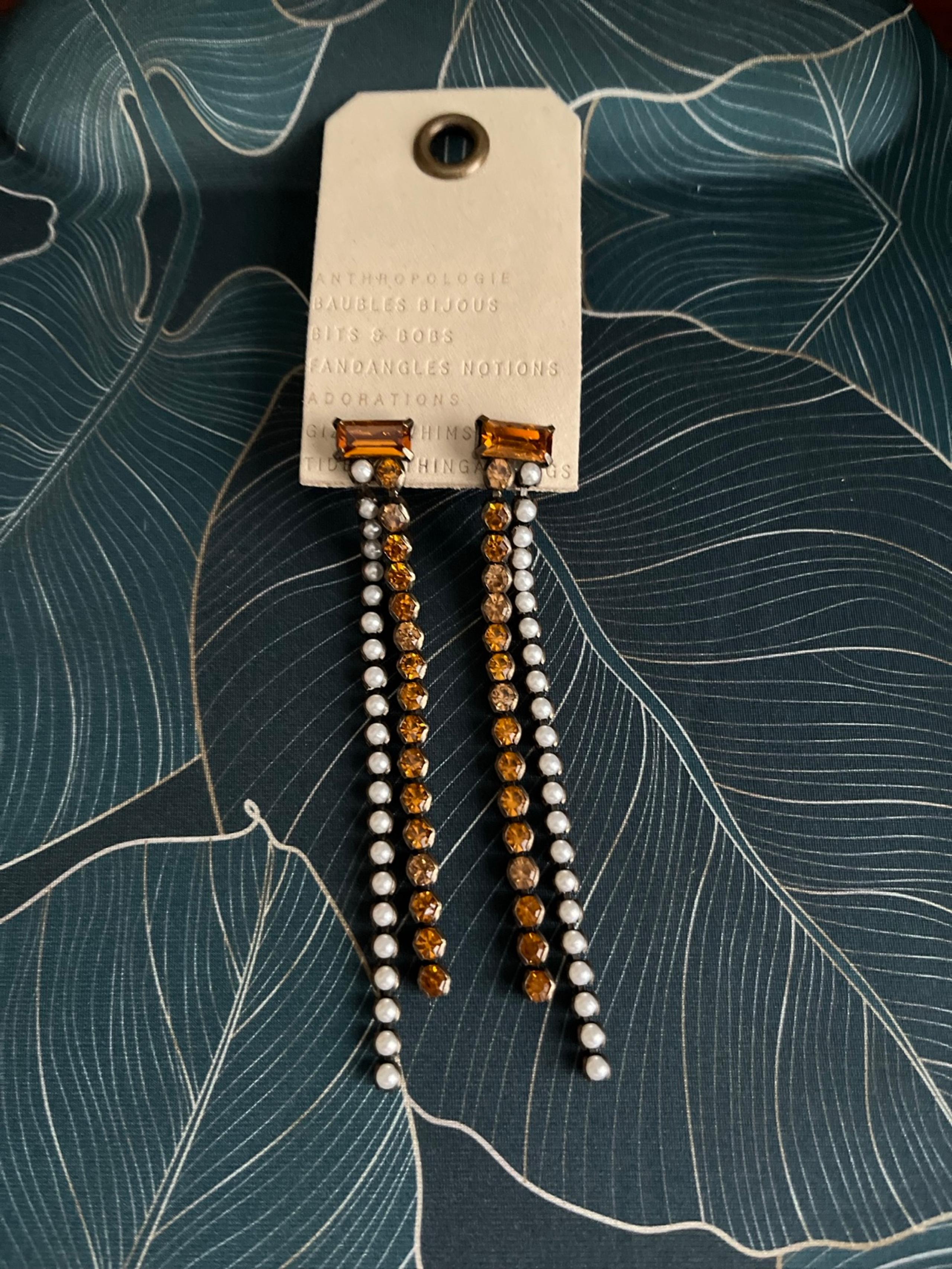 Anthropologie Orange Crystal and Pearl Drop Earrings