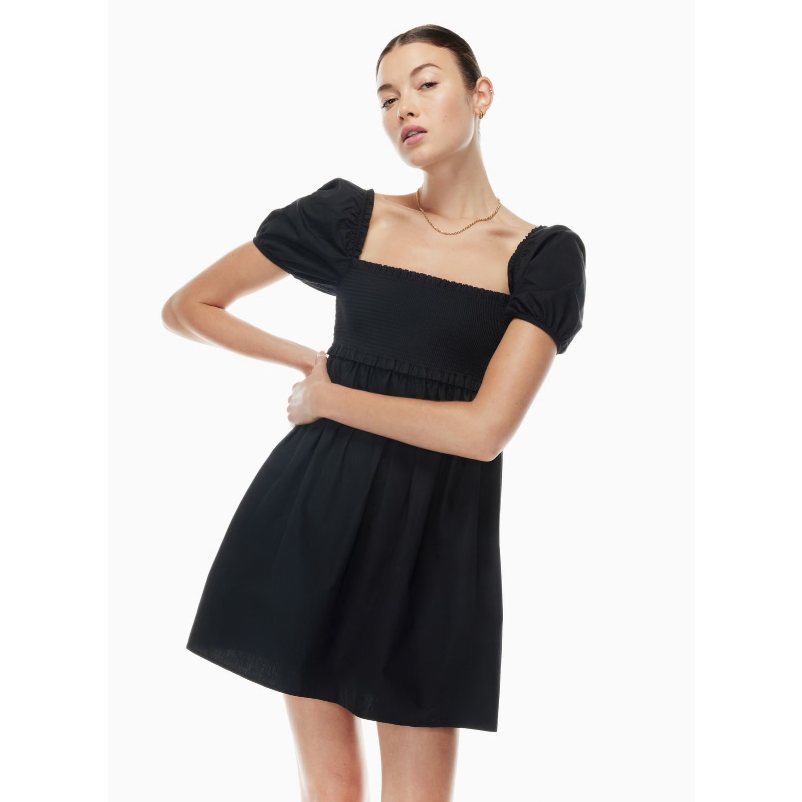 Aritzia Sunday Best Hadley Black Short Puff Sleeve Smocked Mini Ruffle Dress 2XS