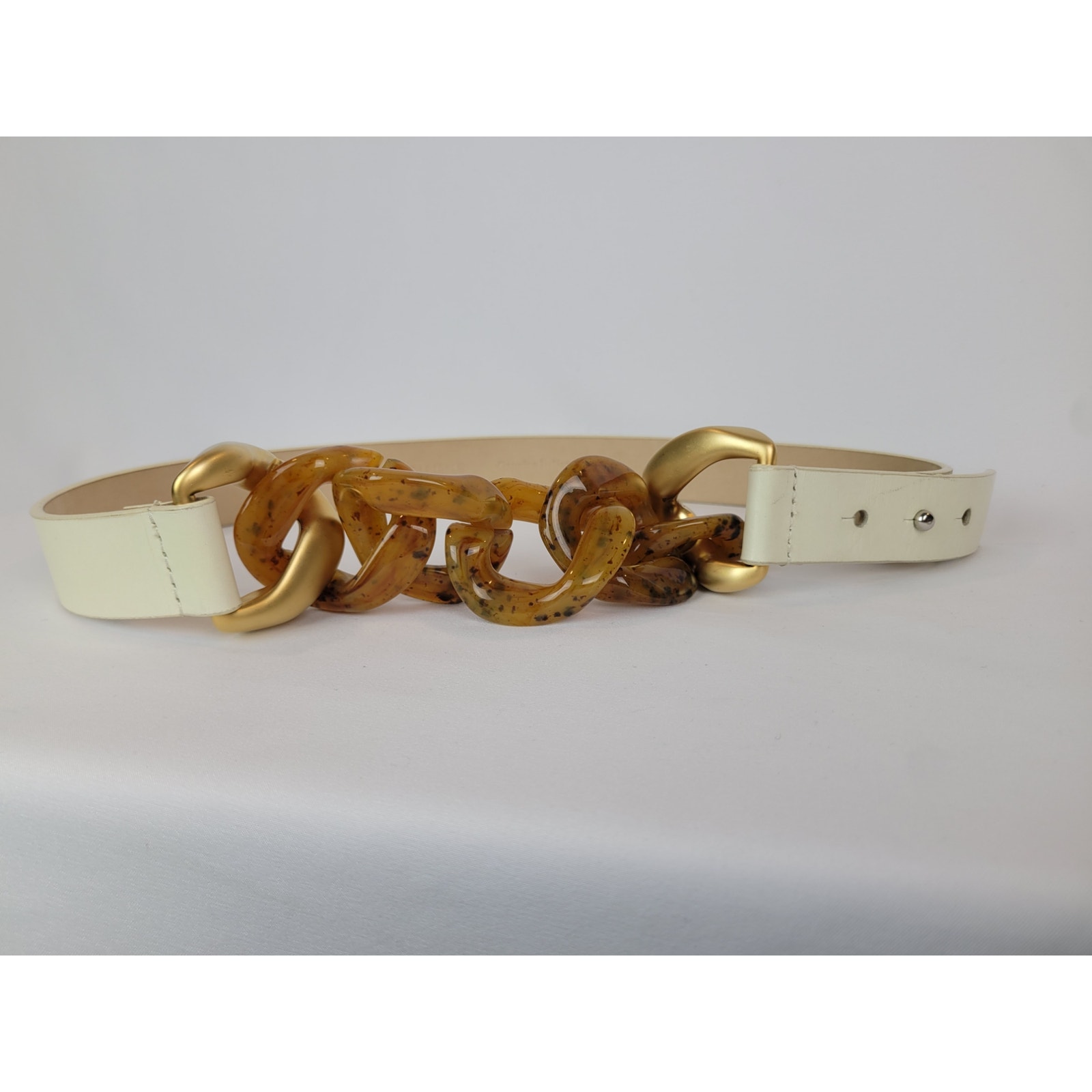 Vtg Carlisle 1980s Womens Beige Leather Belt With Buttersctich Lucite Chain Sz M