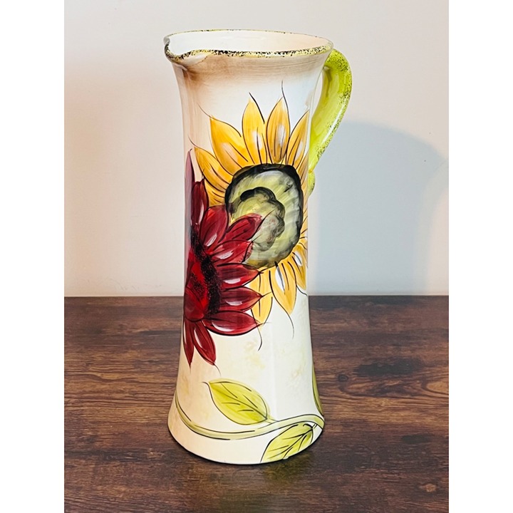 Vintage Hand Painted Floral Ceramic Pitcher Decorative Flower Vase - Sunflowers