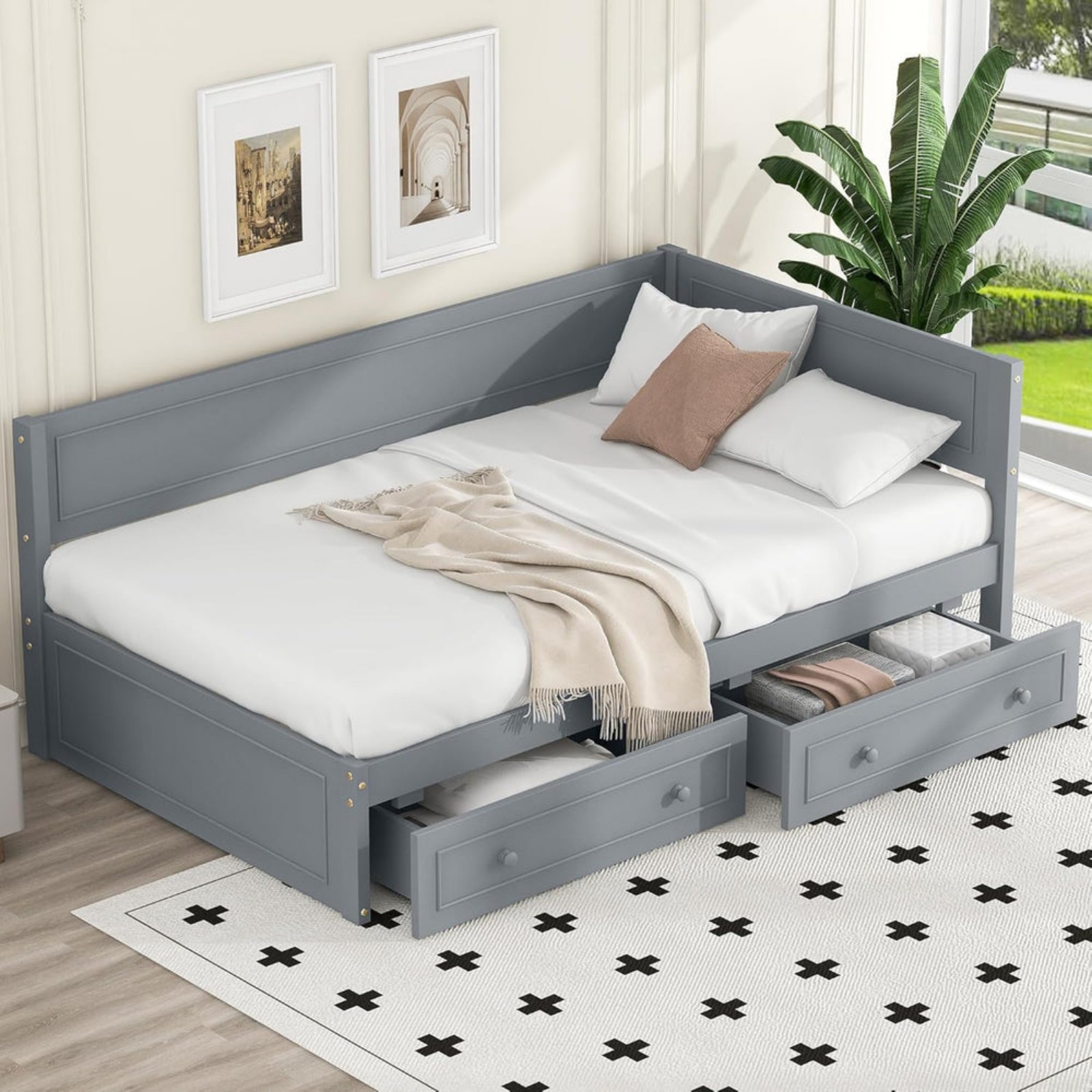 Wood Twin Daybed Frame with 2 Storage Drawers, L-Shaped Corner Unit, Gray