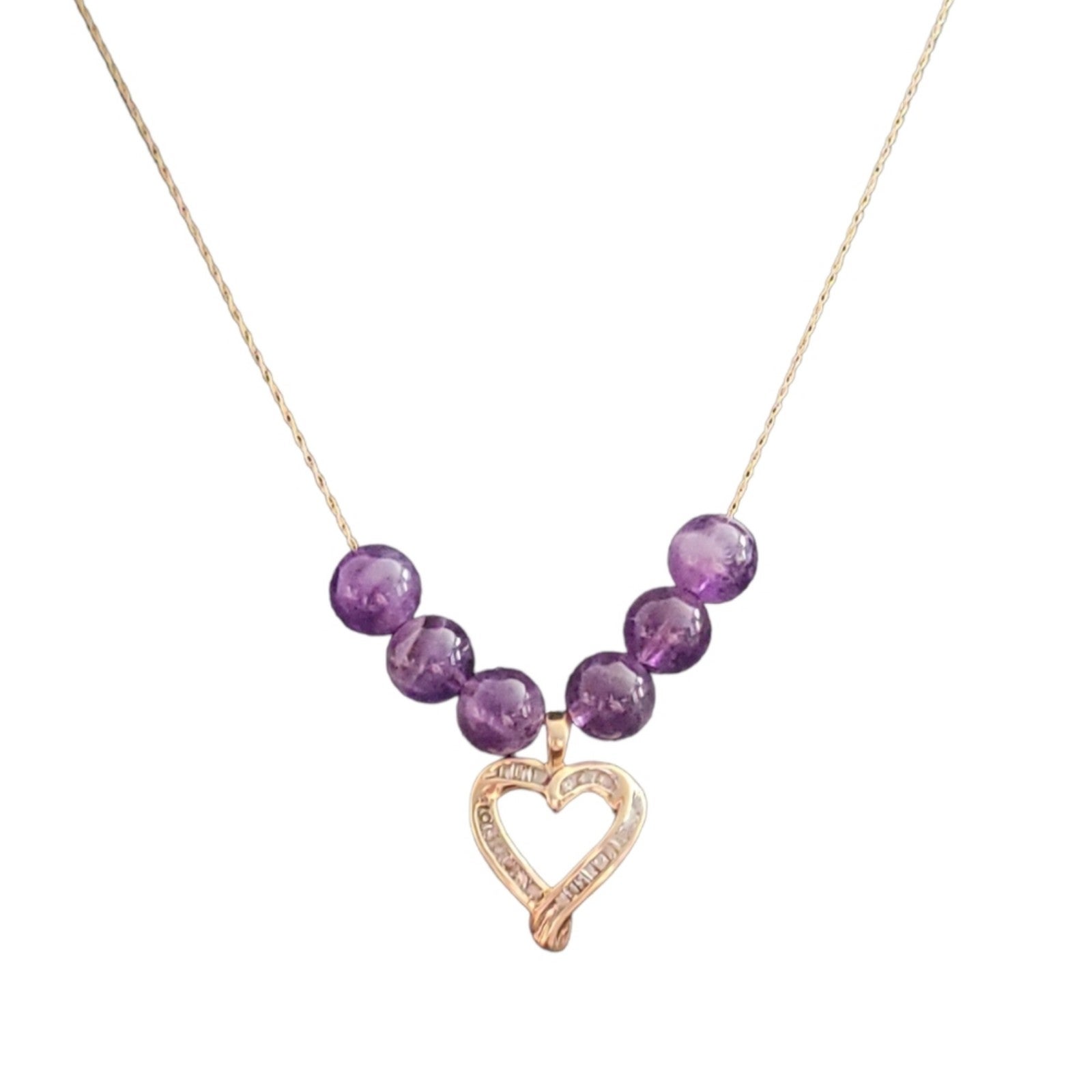 10kt gold diamond baguette heart & amethyst bead necklace, 5.4 grams
