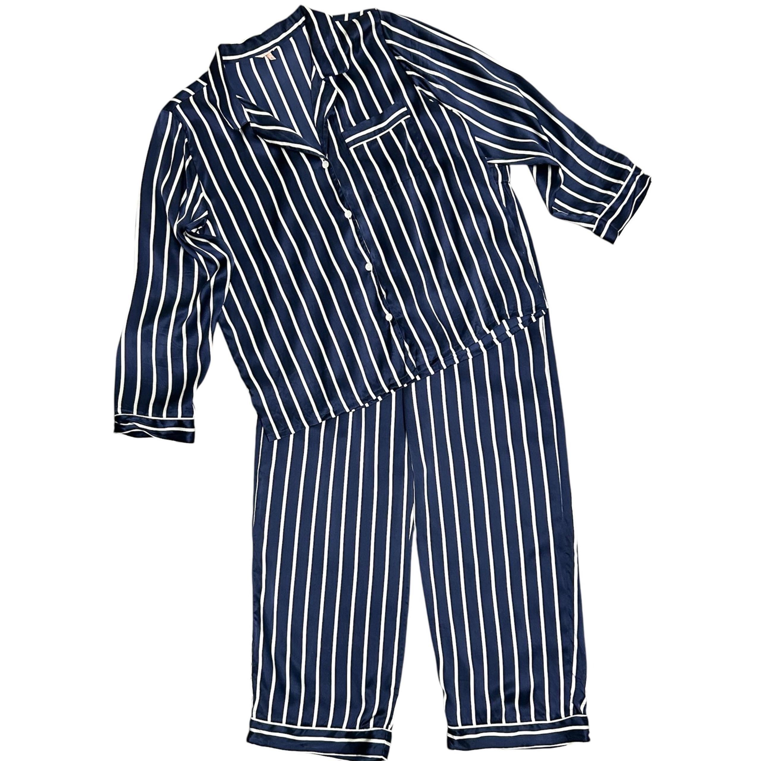 Eberjey Navy Blue Ivory Stripe Silk Inez Pajama Straight Leg Pants Set Medium