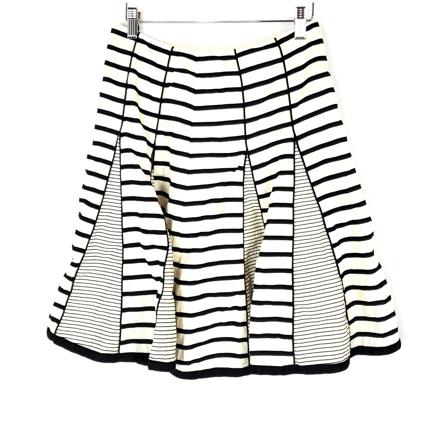 Nanette Lepore Black & Cream Striped Pleated A-Line Midi Skirt Women's Size 6