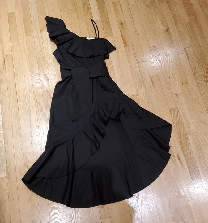 NWOT Sandro Black Lover Ruffled One Shoulder Cotton Asymmetrical Hem Maxi Dress