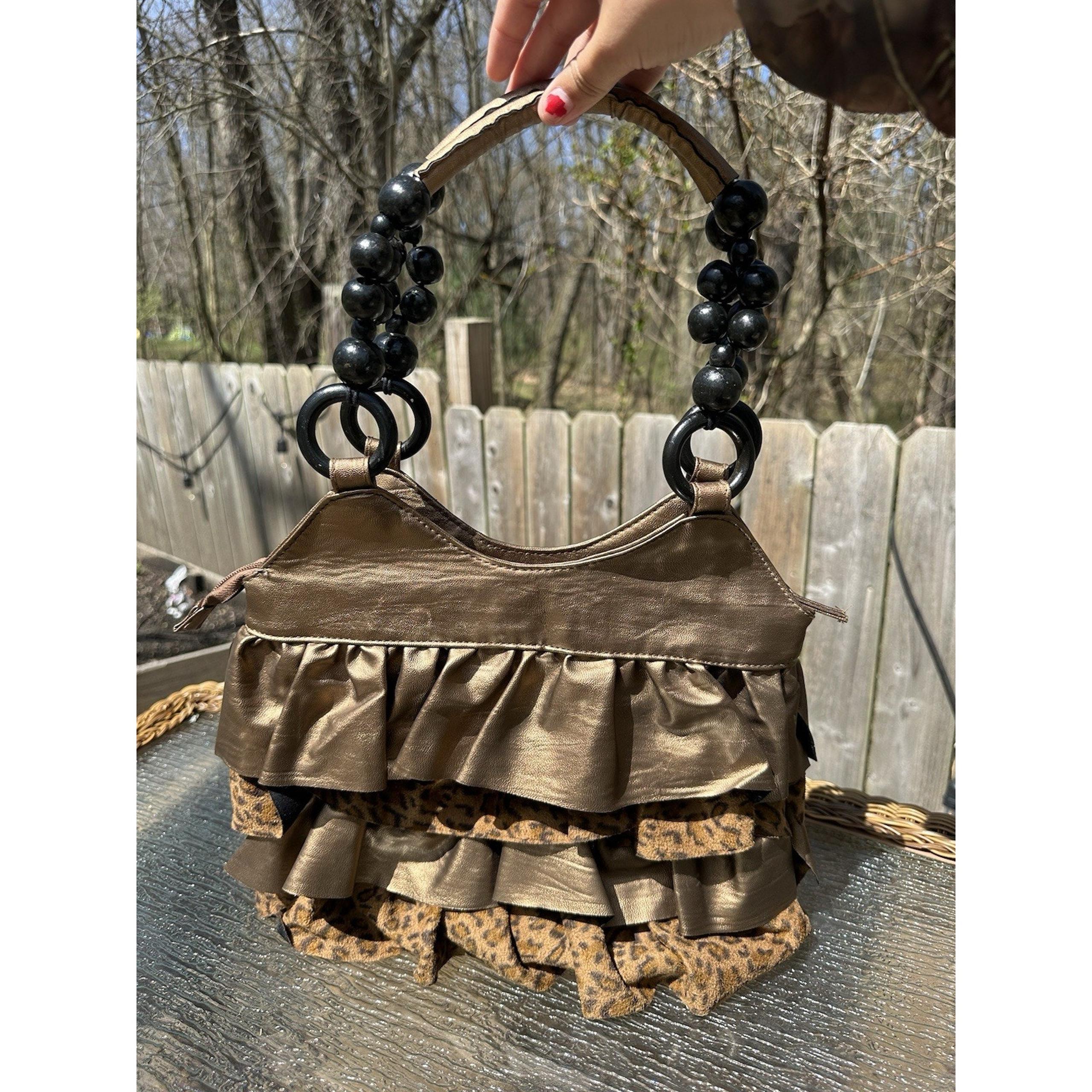 Bueno Leather Suede Boho Handbag Wood Bead Handle 13 X 12 In Cheetah Bimbo Y2K