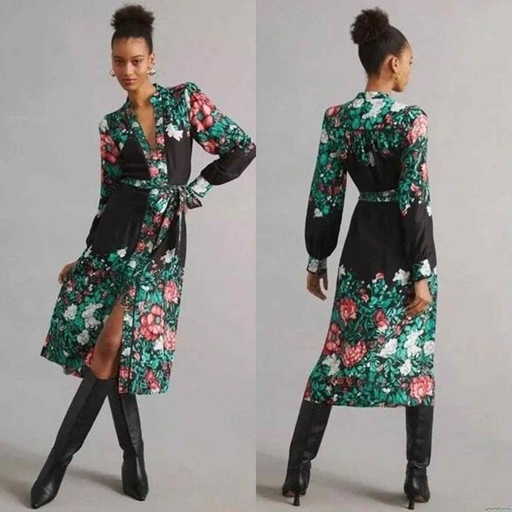 NWT Anthropologie Midi Dress Button Front Tunic Dress Floral Waist Tie 0029