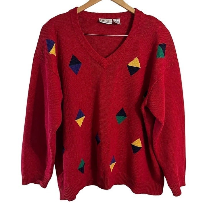 Essential Elements Vintage Sweater XL Colorful V Neck Diamond Pattern Pullover