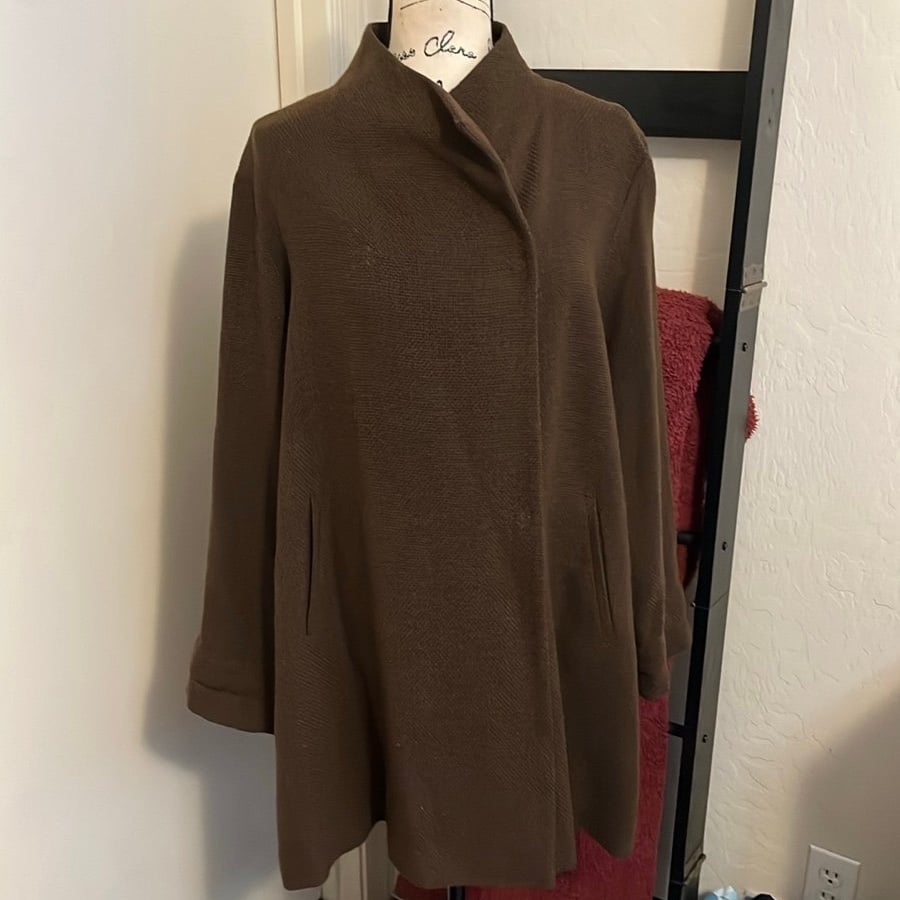 Eileen Fisher Brown Wool Blend Front Snap Button Closure Pockets Jacket