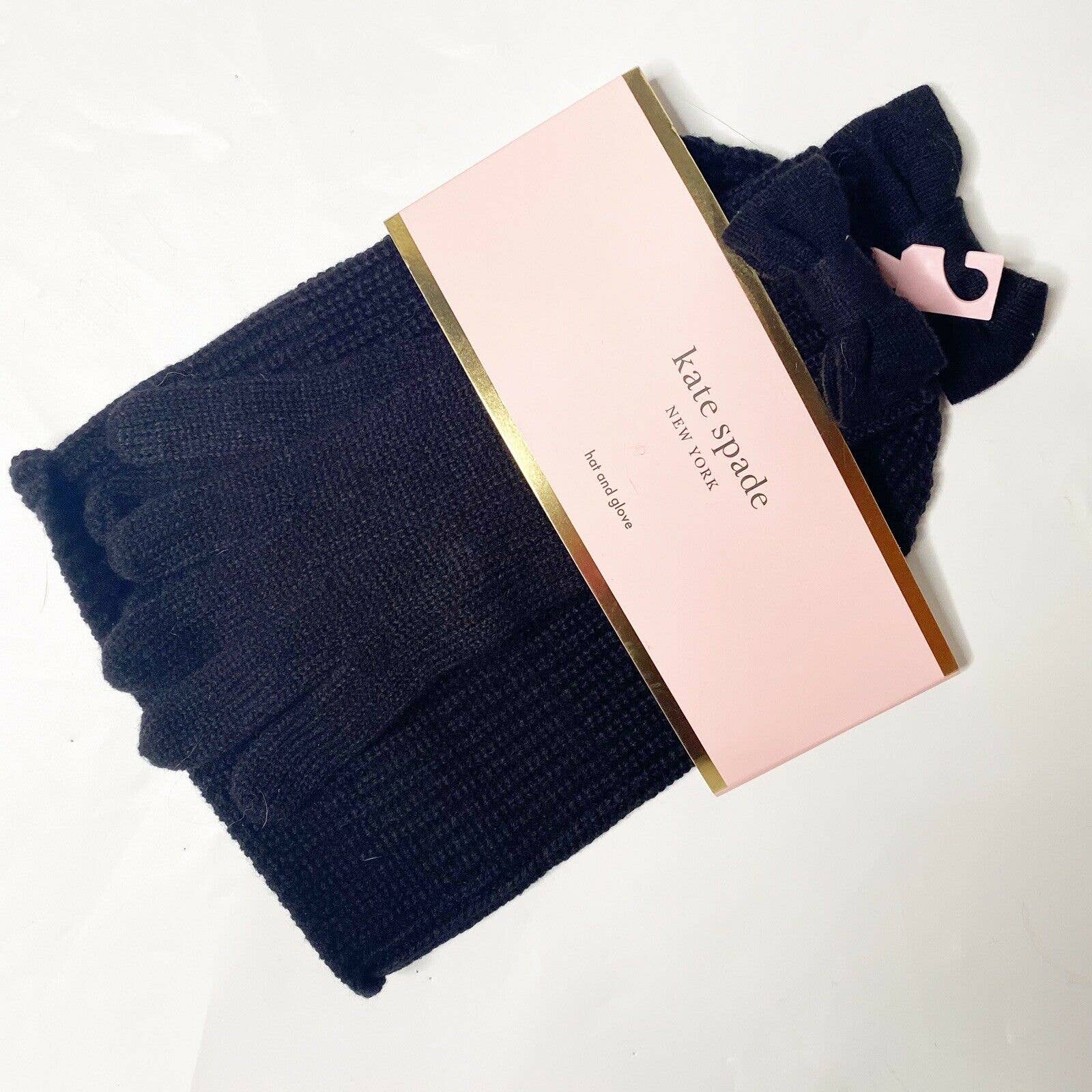KATE SPADE Bow Beanie AND Glove Set Black MSRP 128 New Acrylic
