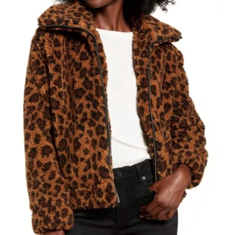BB Dakota Leopard Print Coat Large Womens Full Zip Brown Black Long Sleeve