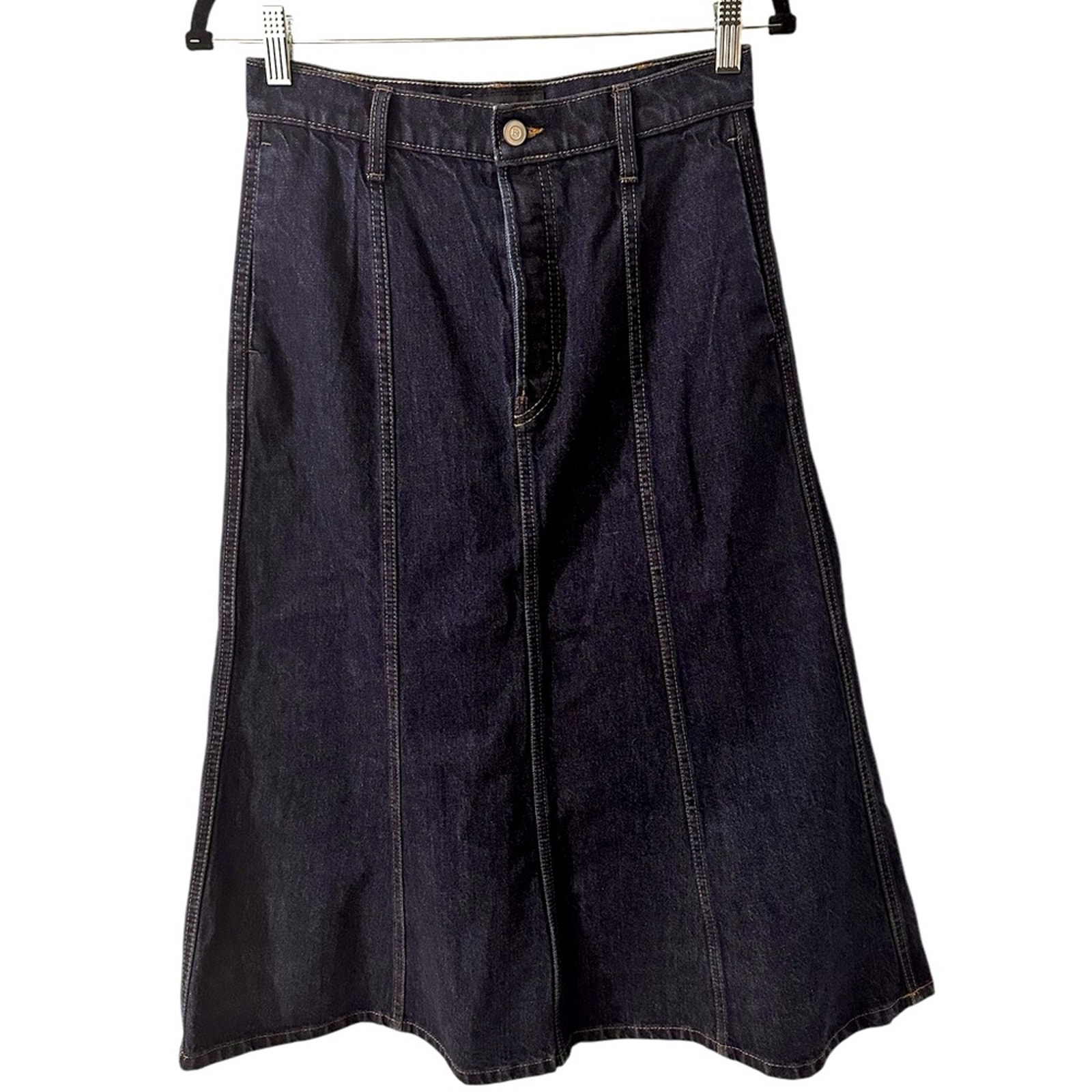 BR Banana Republic Dark Denim A-Line High Waist Midi Skirt Front Pockets, size 2