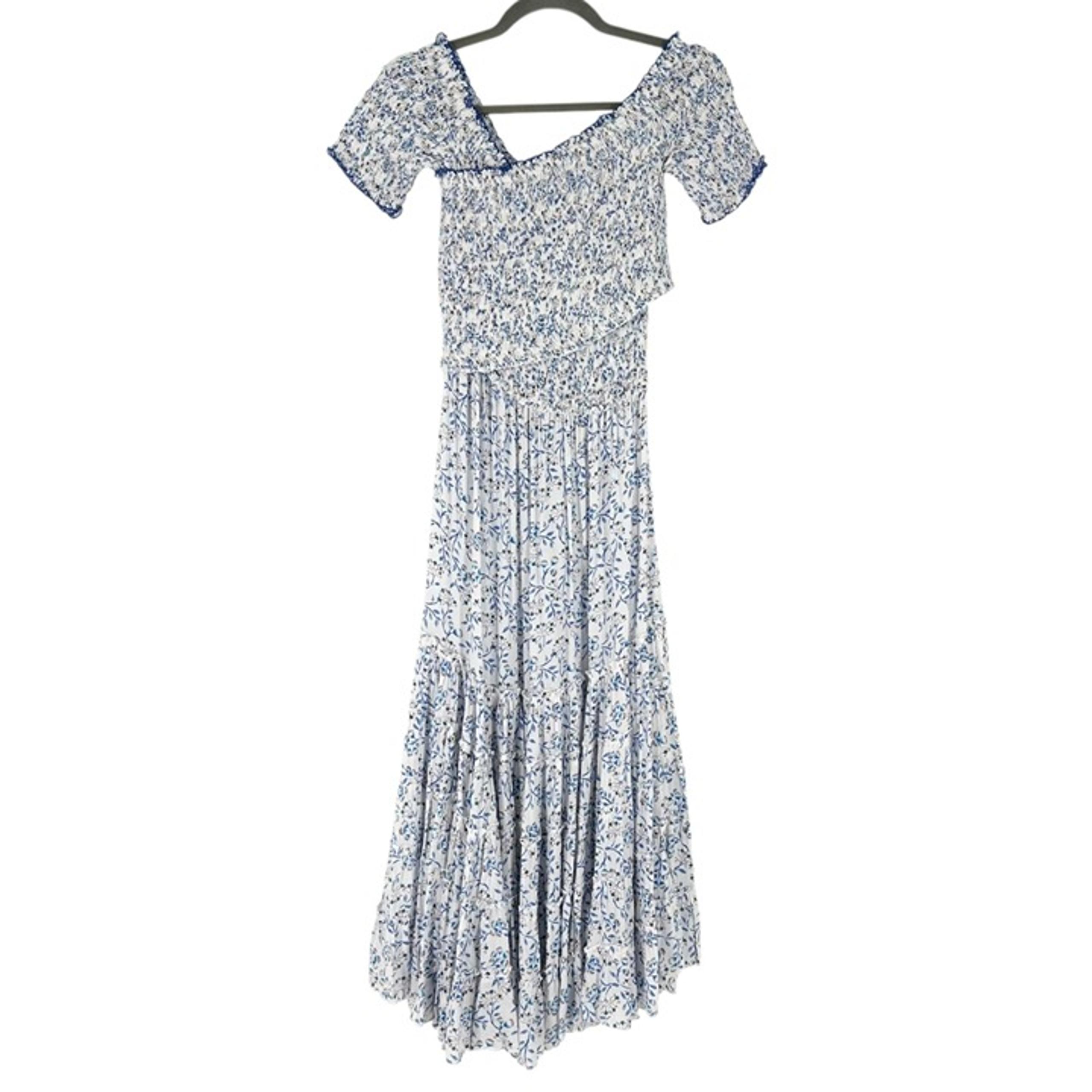 NWT Poupette St Barth Soledad Off Shoulder Smocked Midi Dress Blue Cerise Floral