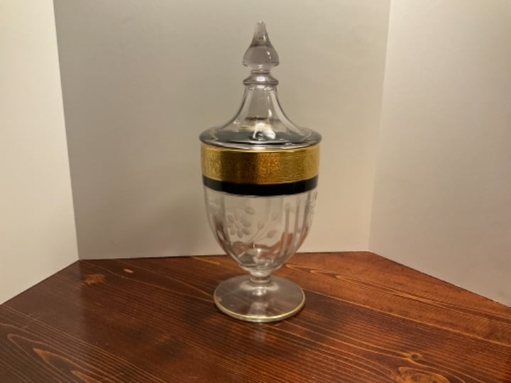 Vintage etched candy dish with lid
