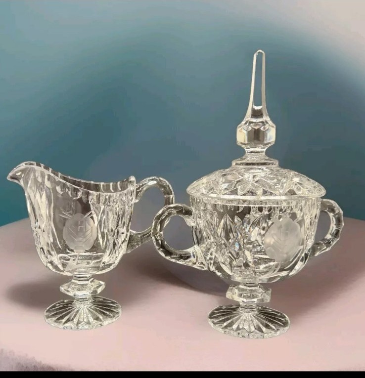 VINTAGE CUT GLASS CRYSTAL SUGAR BOWL WITH LID & CREAMER SET, ROSE PATTERN