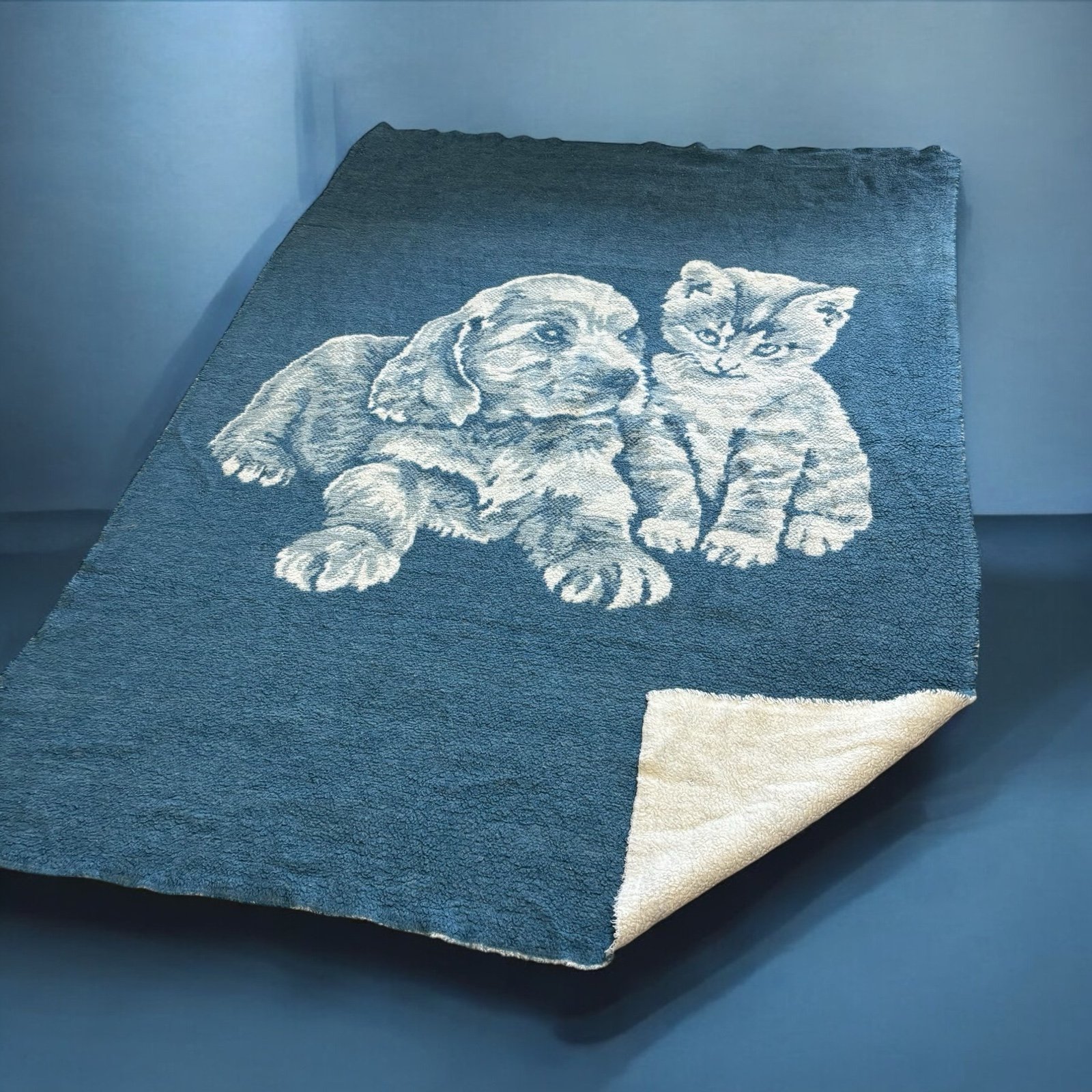 Vintage San Marcos Blanket Reversible Puppy Dog Kitten Cat- Blue White Antique