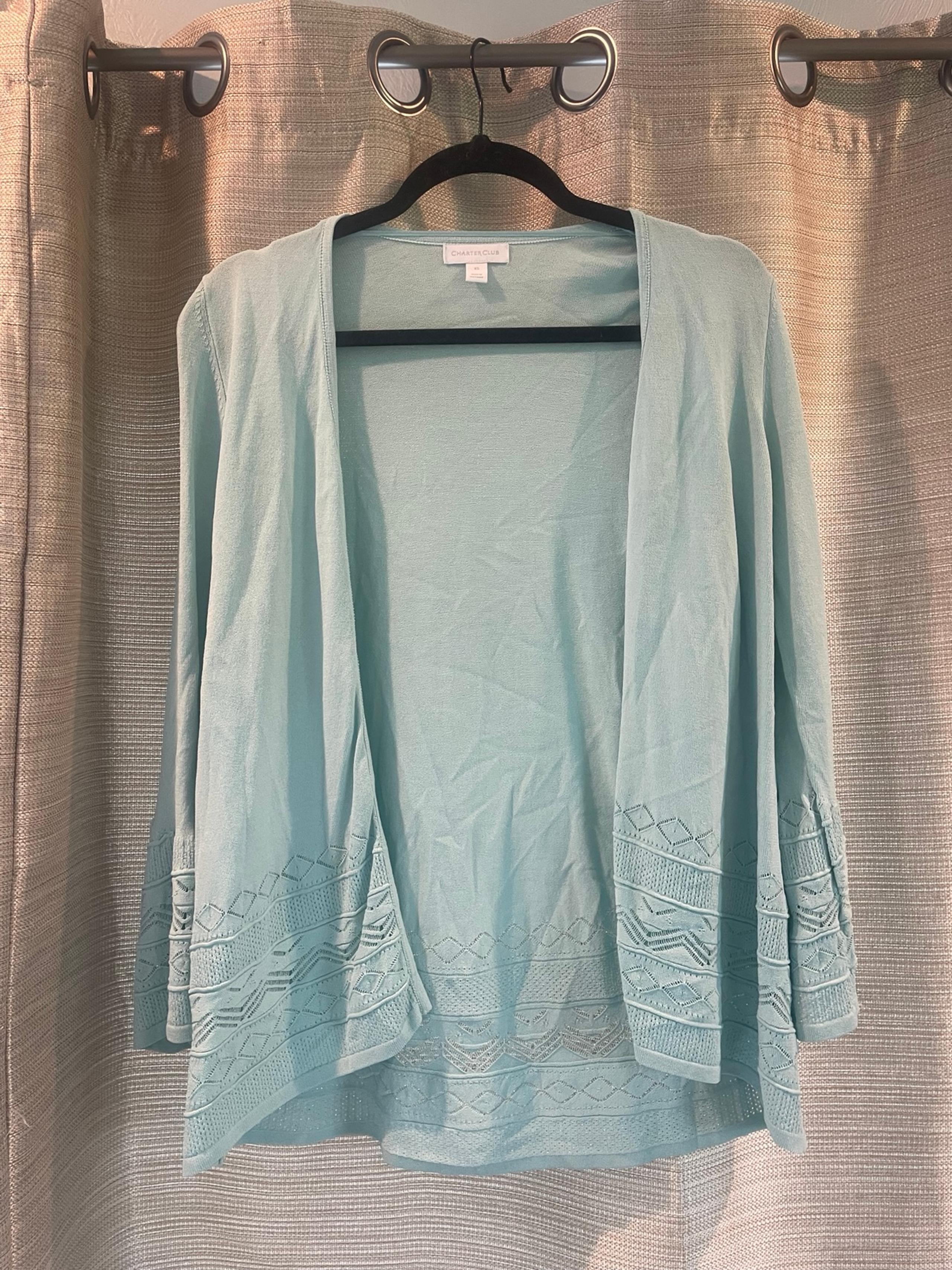 Charter Club Pale Blue Thin Cardigan Sweater Coverup with Pretty Design Detail