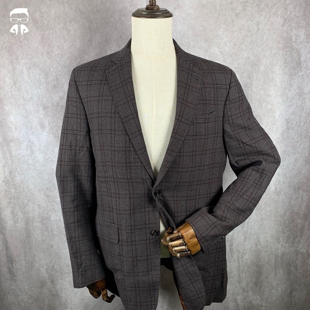 Jos A Bank Blazer Jacket Mens 41L Wool Brown Window Pane Sport Coat Joseph
