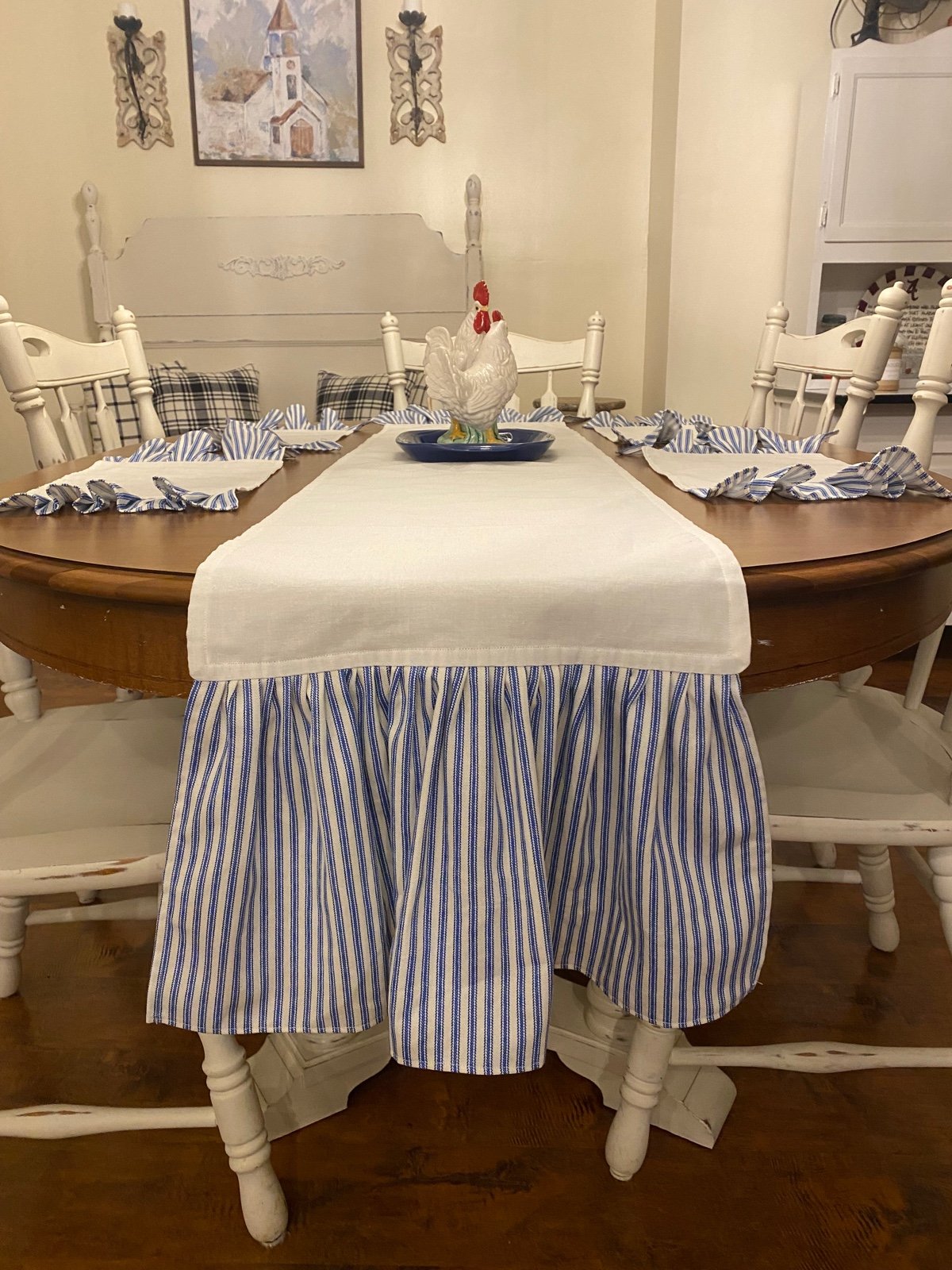 Blue Ticking Table Runner with Ruffle and 4 matching placemats