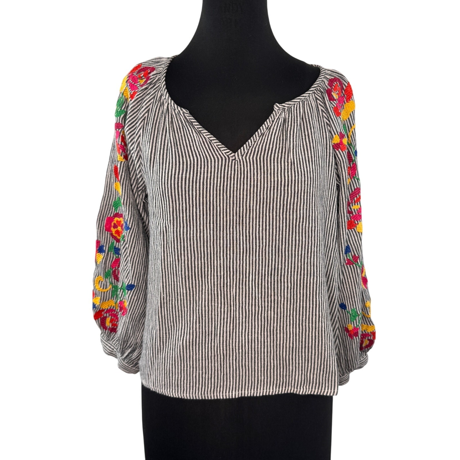 Floreat Black White Crop Blouse Cotton Striped Floral Embroidered Size Medium M