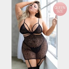 Black Lace Mini Dress FishNet BodyStocking Lingerie Set Queen Size Plus Size