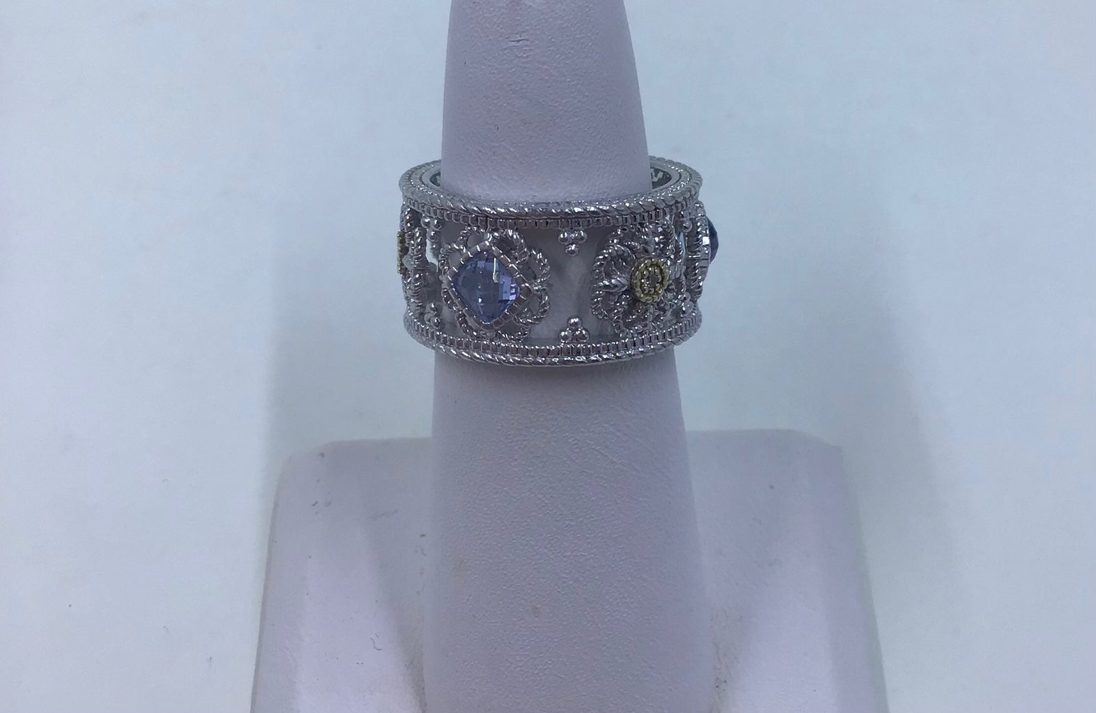 Judith Ripka 925/18k Aqua & Diamond Floral Eternity Ring