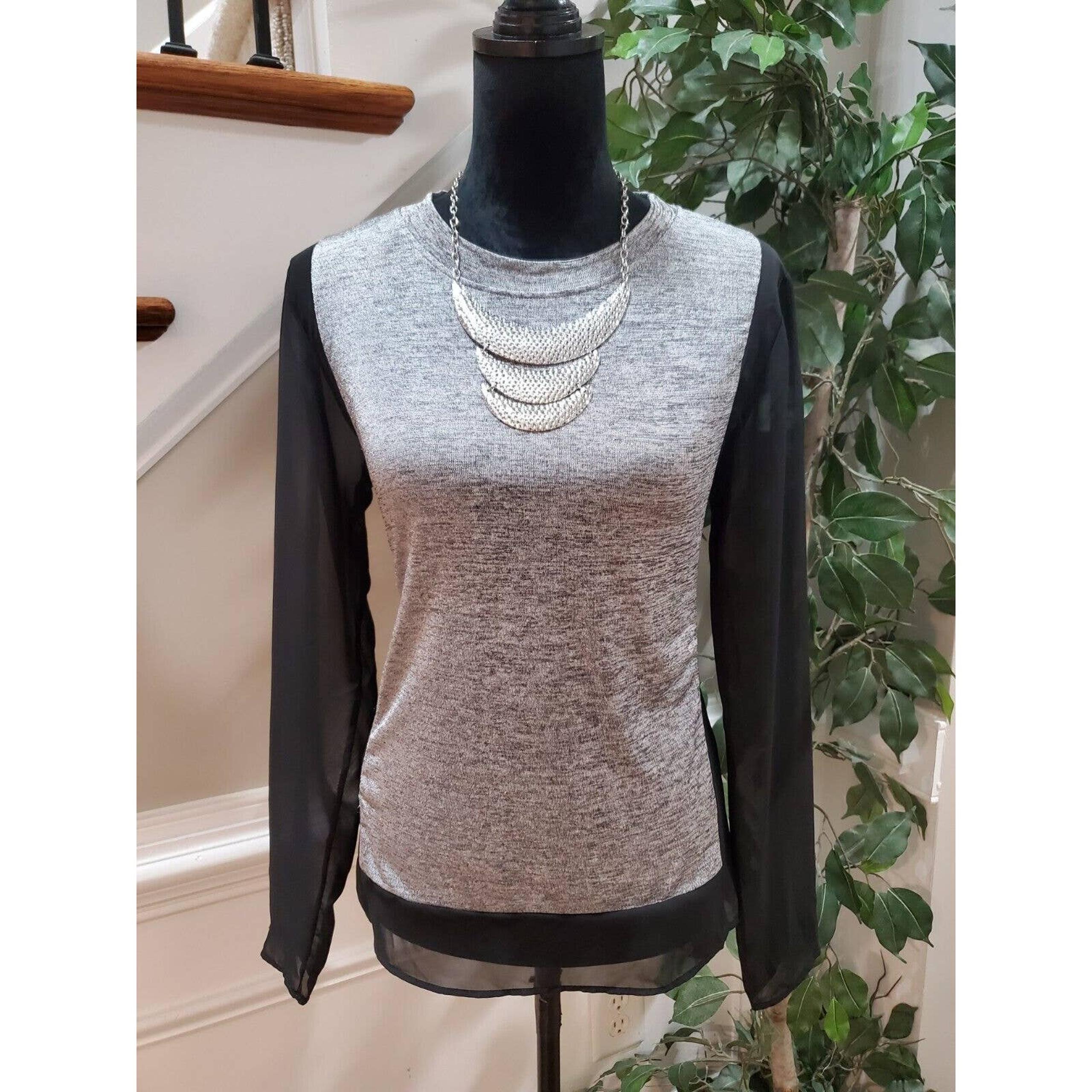 Harlowe & Graham Womens Gray Black Polyester Sheer Sleeve Top Blouse Size XS