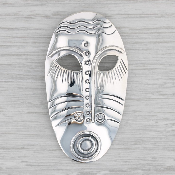 Tribal Mask Statement Brooch Sterling Silver Pin Vintage Woods