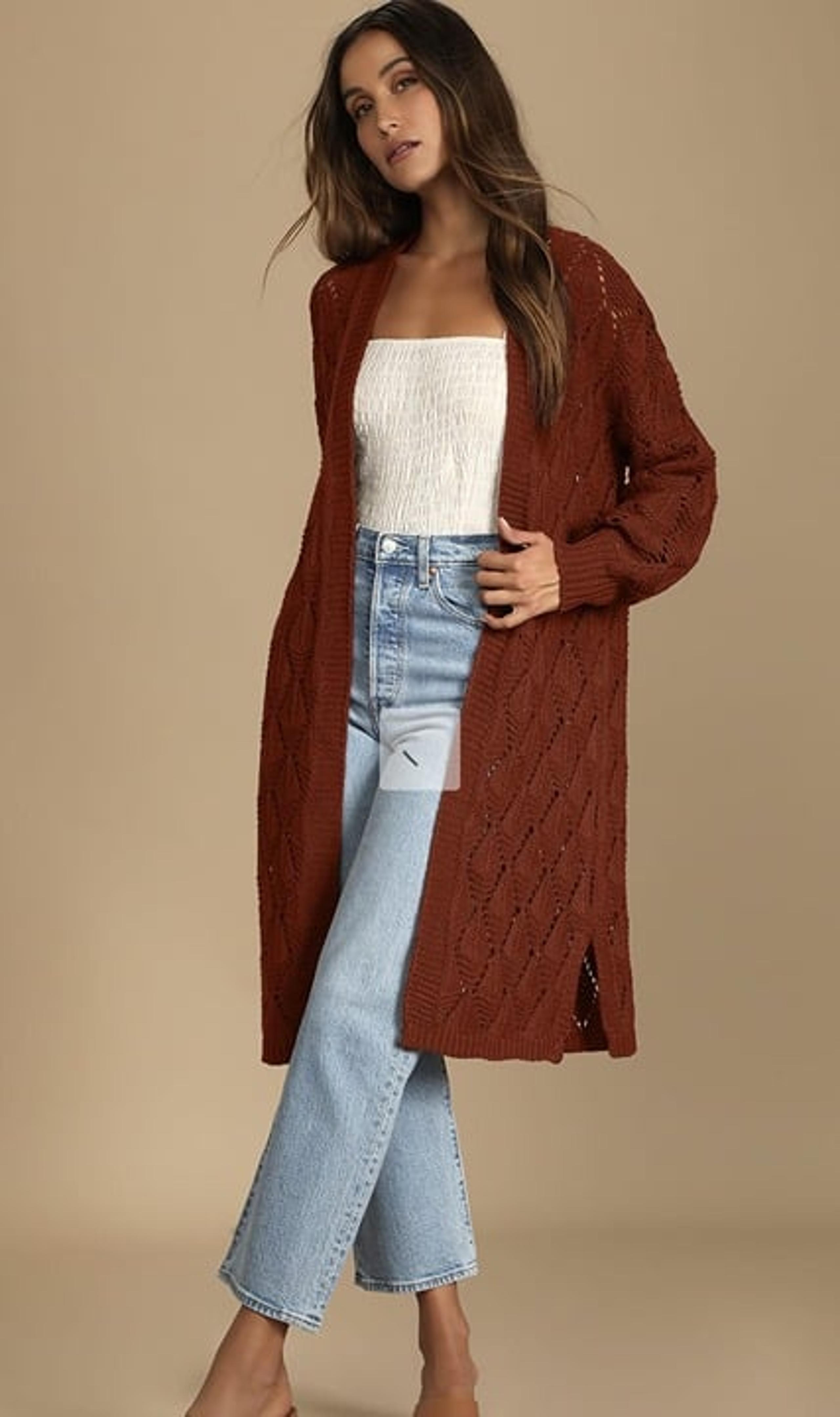 NWT Lulus Points to Cozy Rust Red Pointelle Knit Cardigan Sweater (XS-XL)