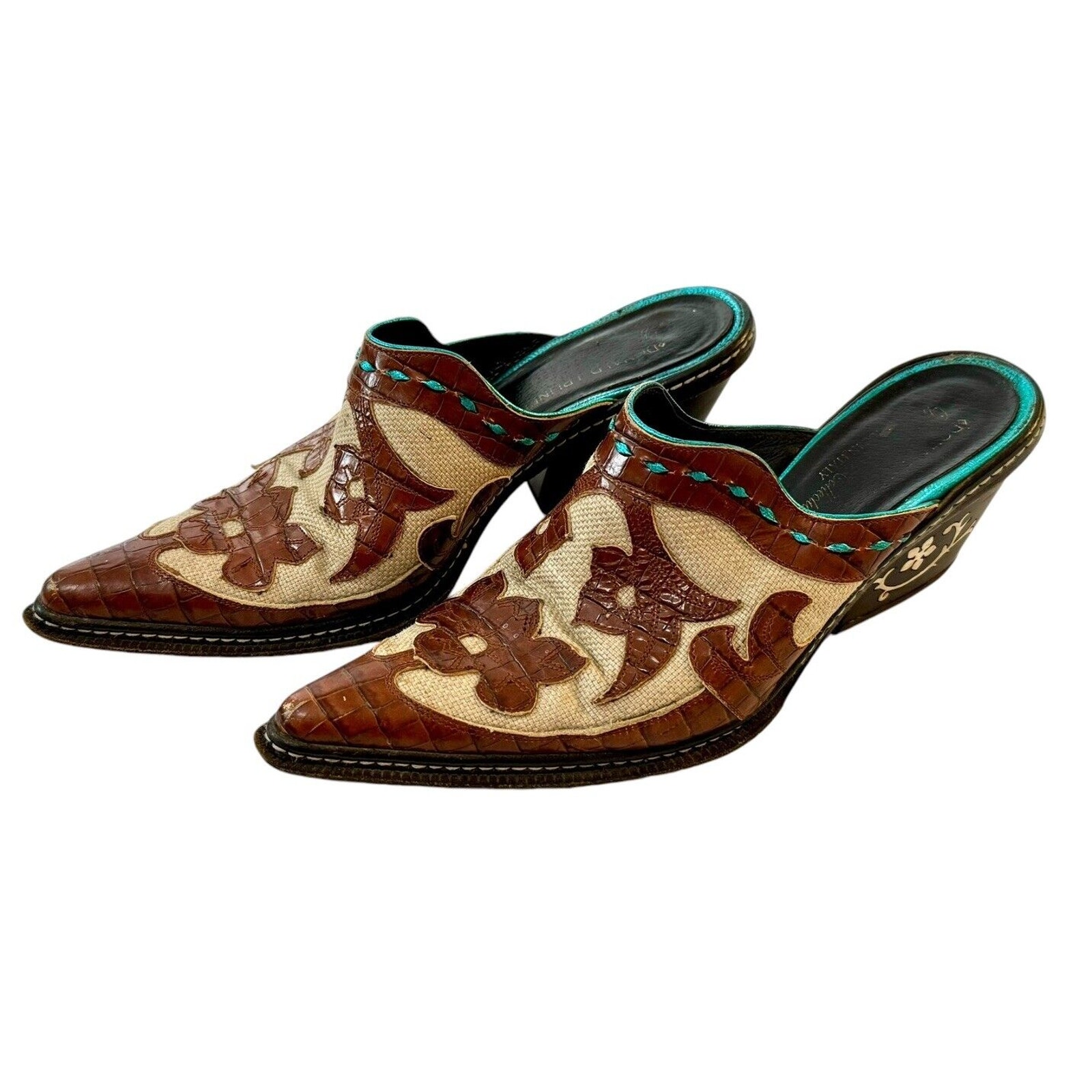 DONALD J. PLINER Juno Leather Brown Turquoise Western Couture Italian Mules 7M