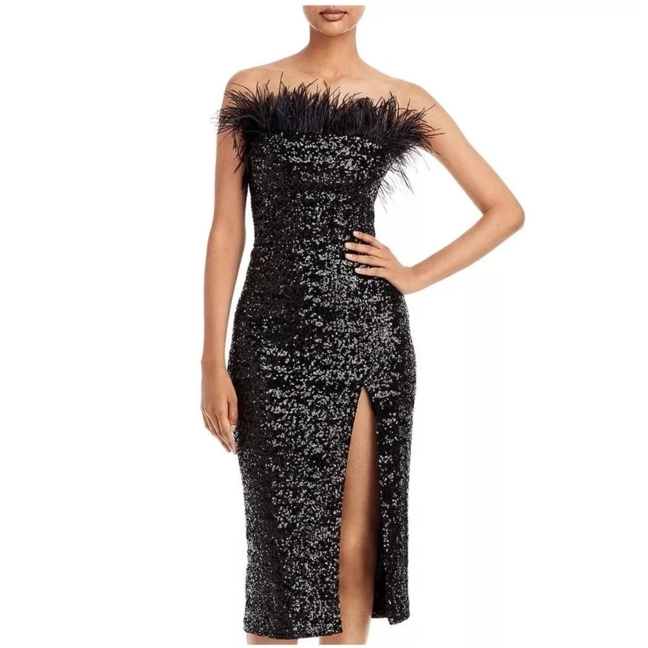 AMANDA UPRICHARD Liz Feather Trim Strapless Sequin Dress, Black, Medium