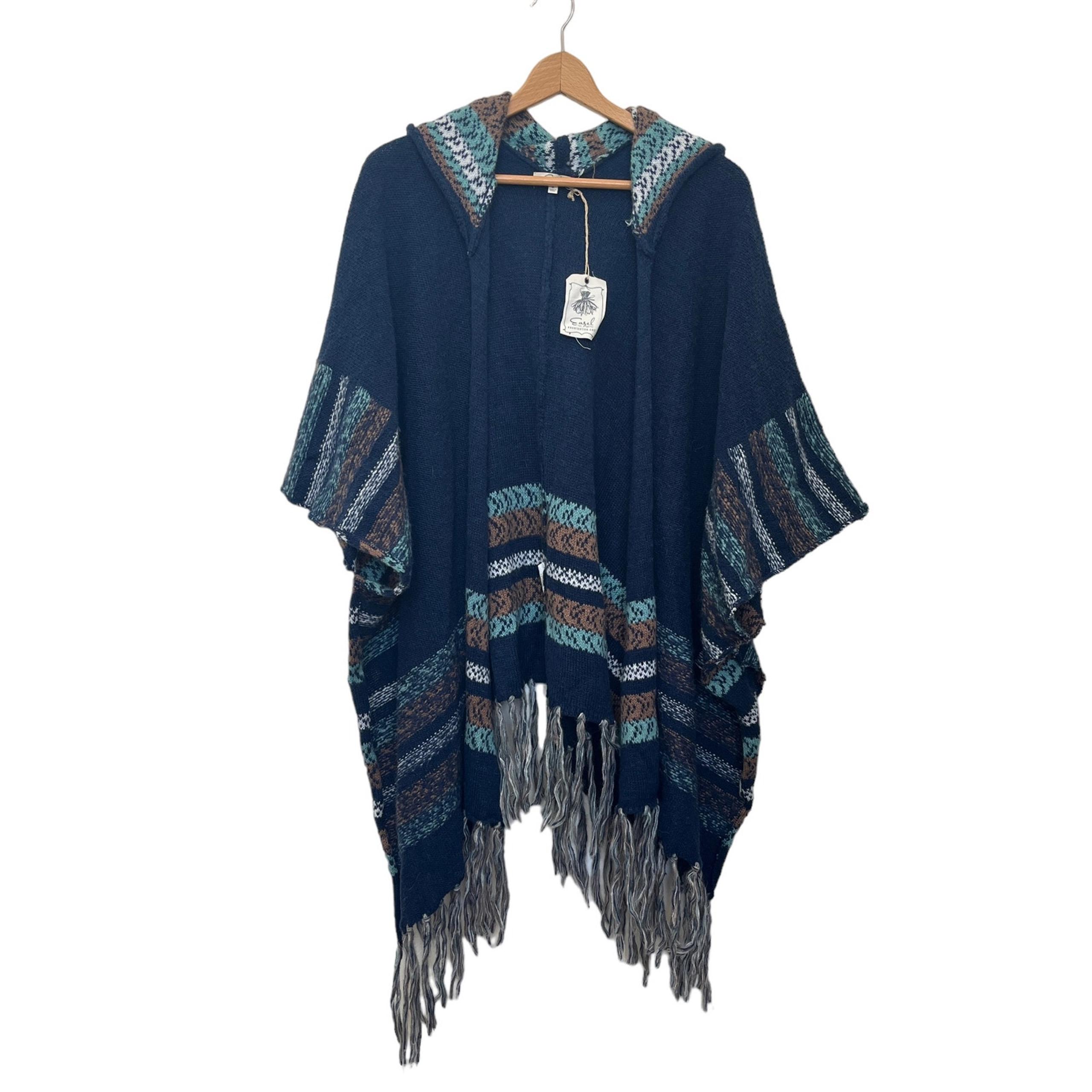 Hooded Wool Poncho NEW Sz S Women’s Oversized Stripes Fringe Blue Teal Tan - Easel