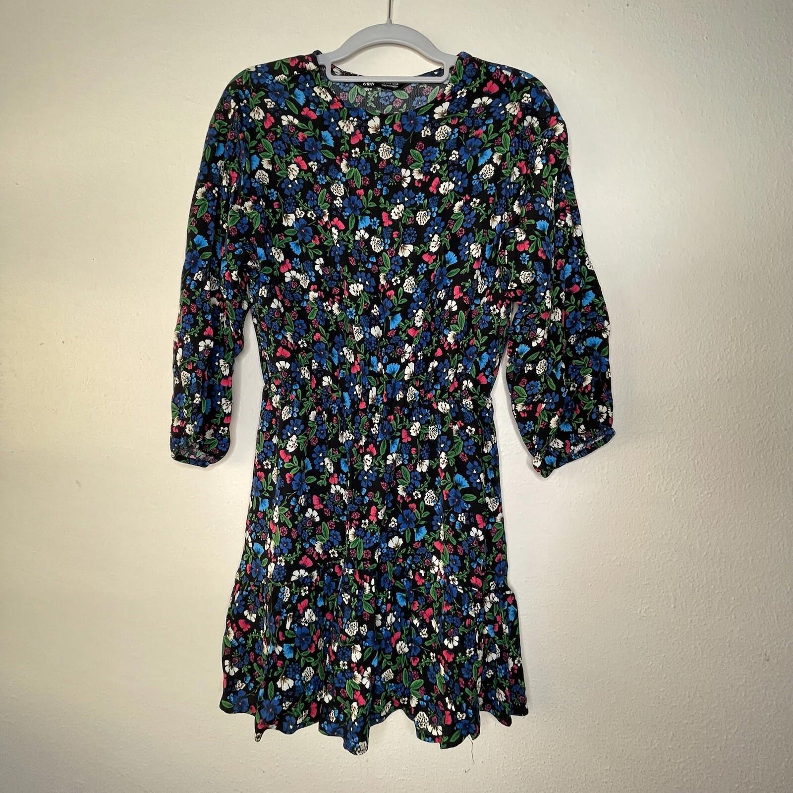 Zara Black Floral Mini Tapered Waist Dress Size S