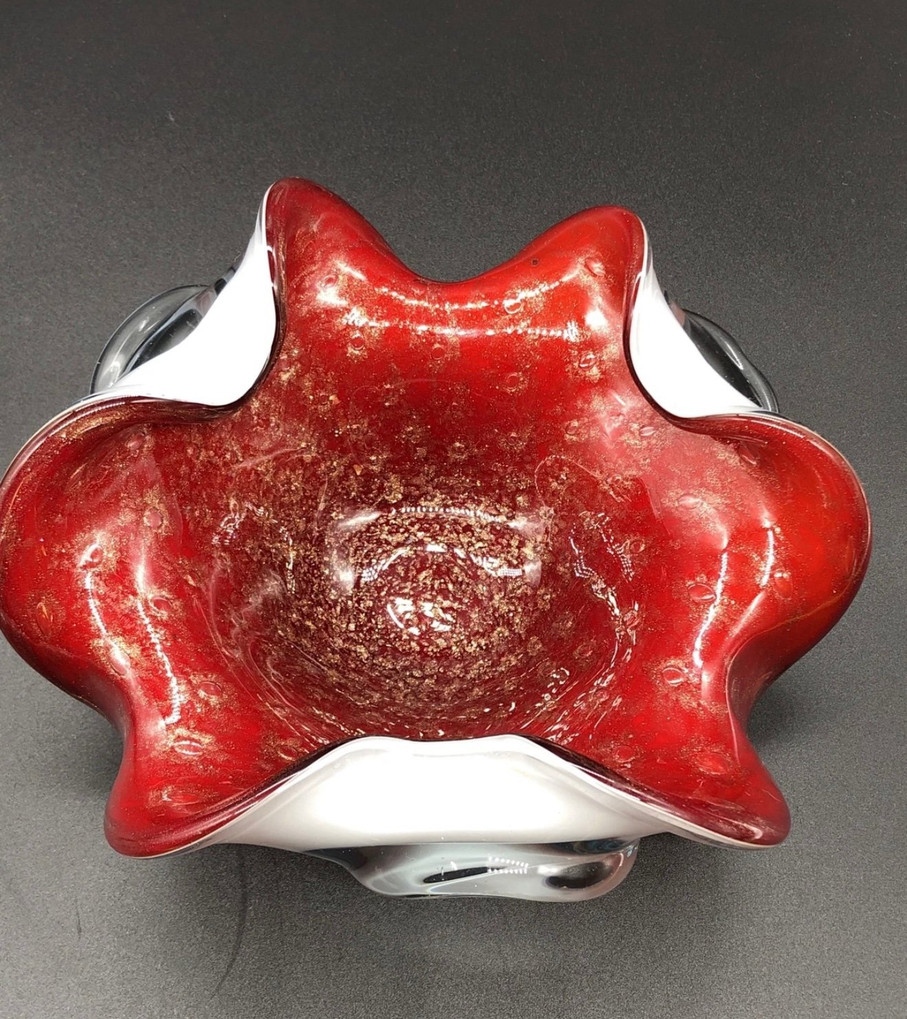 Vintage Murano Seguso Art Glass Bowl Candy Dish Ashtray Red And Gold Fleck