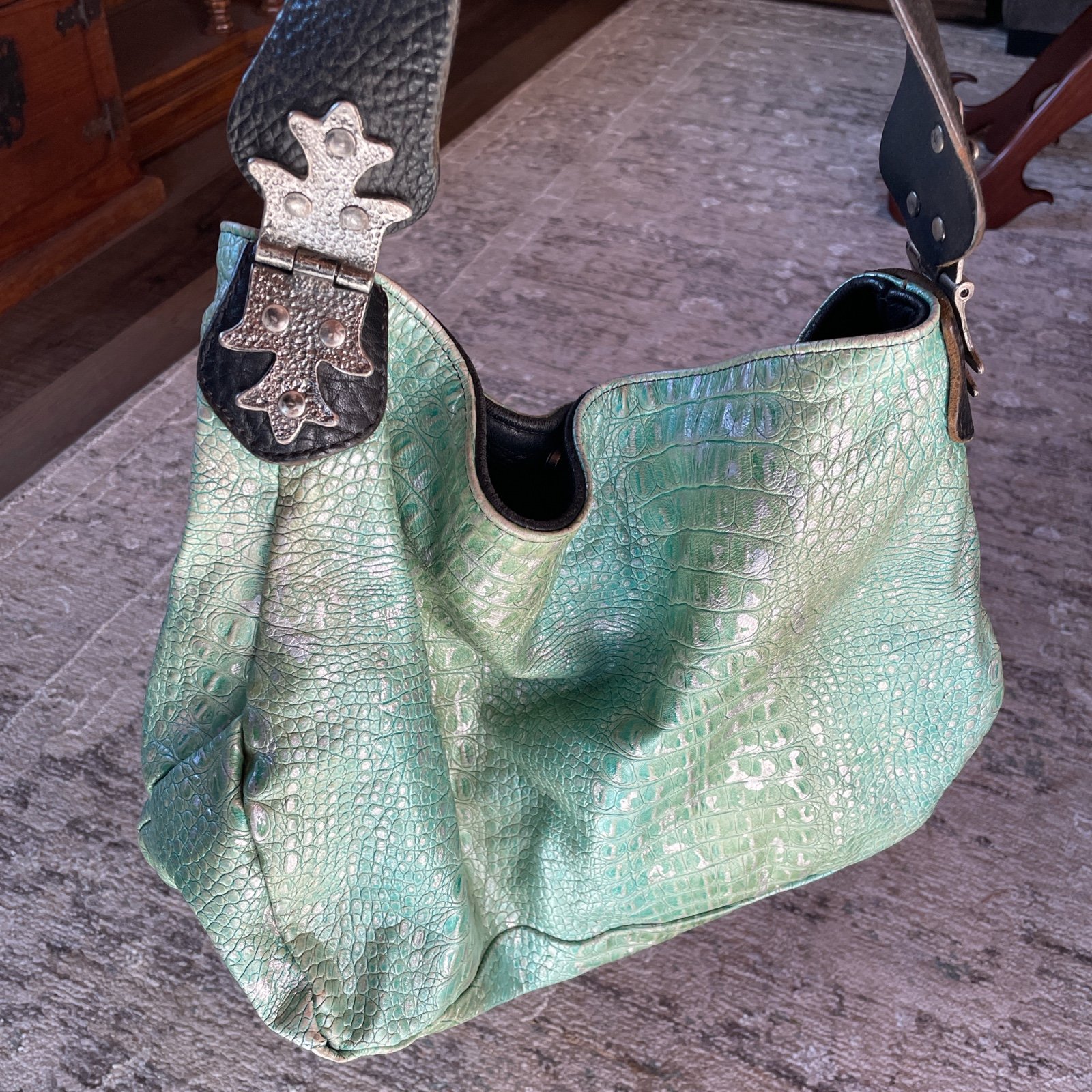 Tylie Malibu green suede leather snakeskin bucket bag purse
