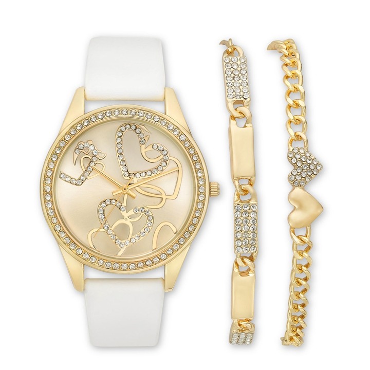 I.N.C. International Concepts Womens Gold White Strap Heart Watch Braclet Set