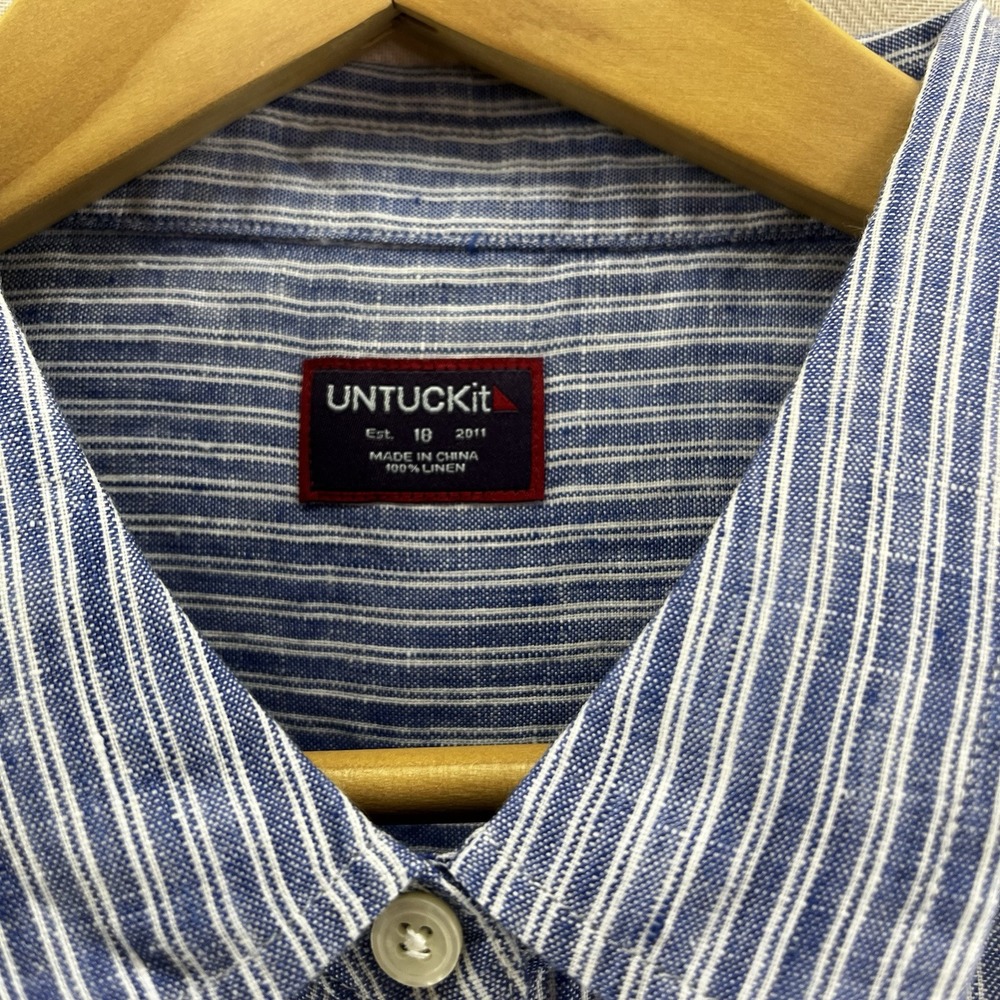Untuckit Size 18 Shirt Sherry Blue Stripe 100% Linen Button Up Long Sleeve NWT