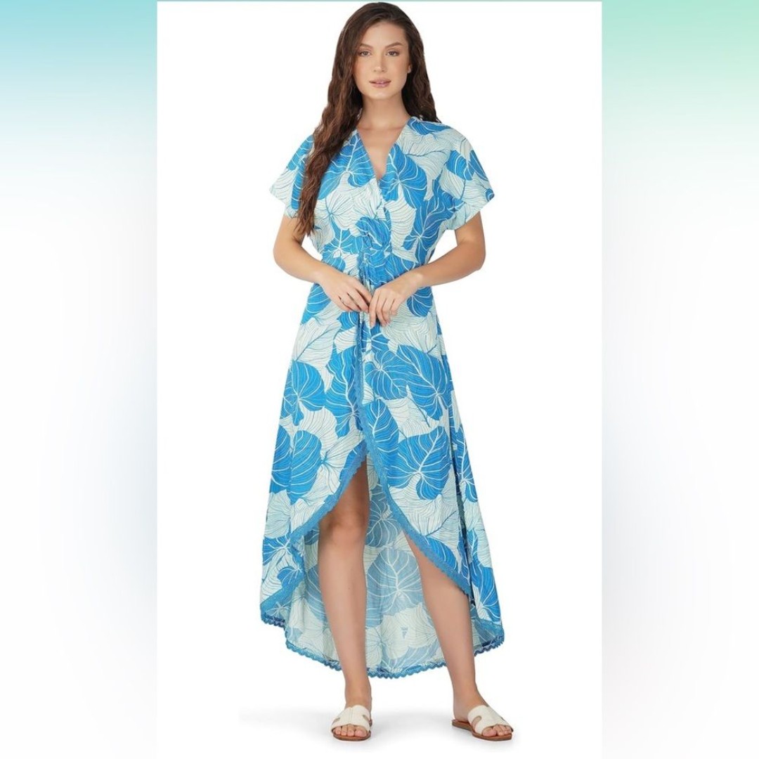 AMERICA & BEYOND Blue Leaf Print Crochet Faux Wrap Blouson Midi Maxi Dress M
