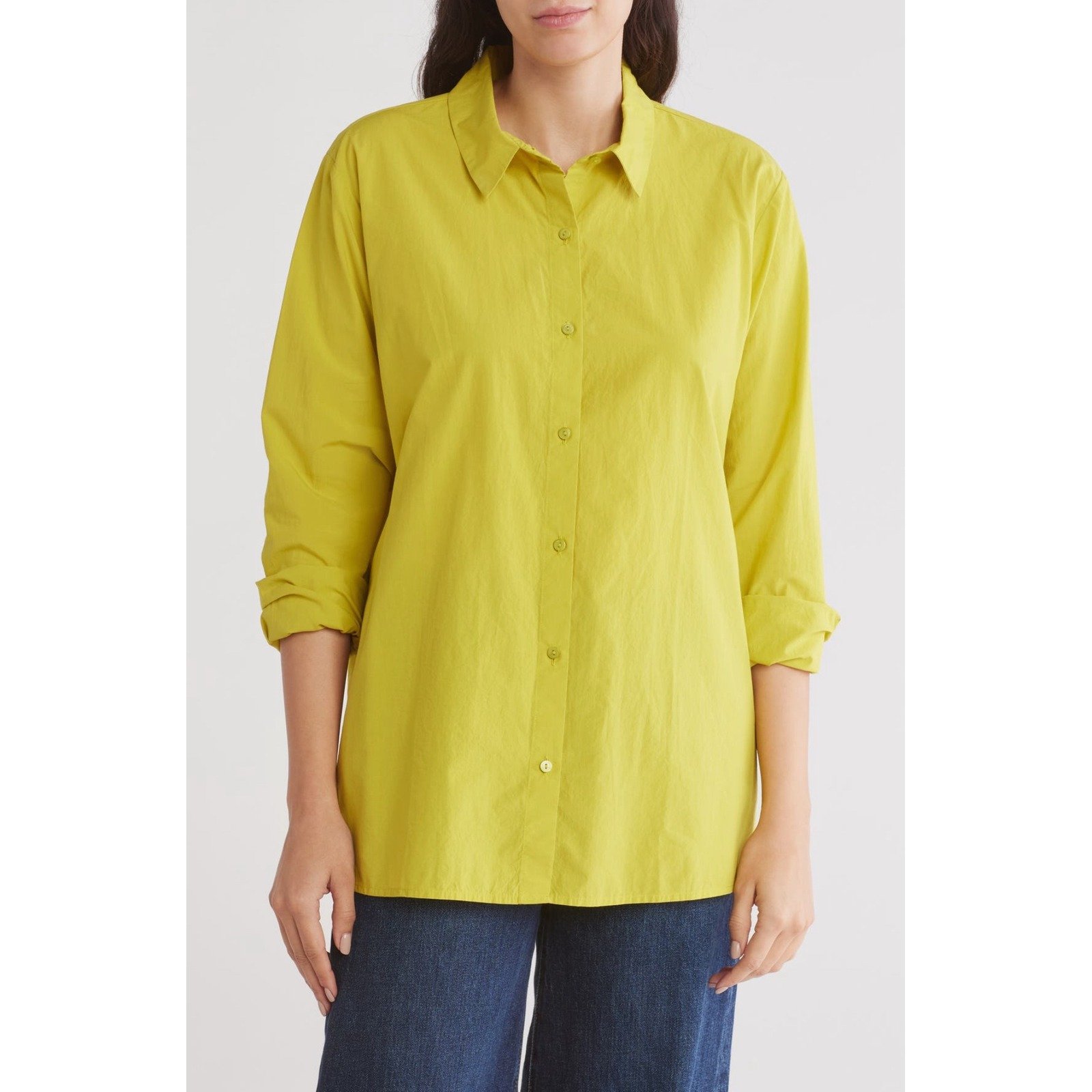 Womens Eileen Fisher Oversize Organic Cotton Button-Up Shirt size 2 Citron