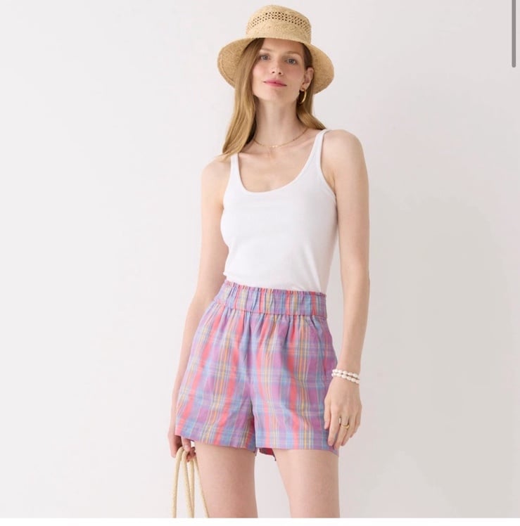 NWT J. Crew Pull-On Sunset Plaid Cotton Short Large