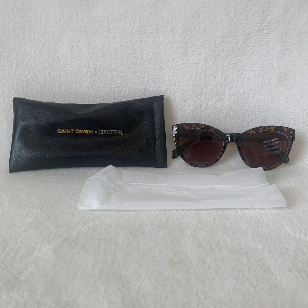 Saint Owen X Curateur Womens Animal Print Cat Eye Sunglasses Brown Black
