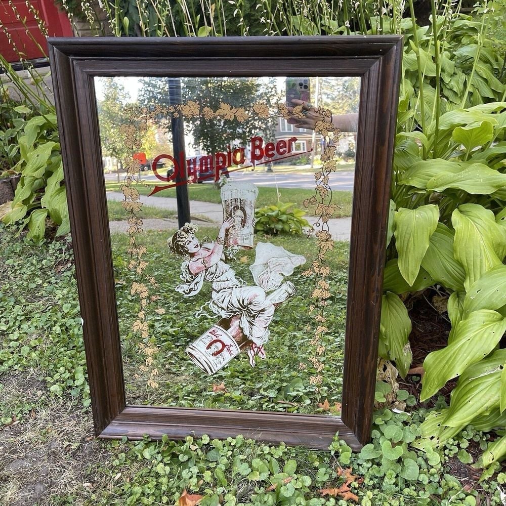 Olympia Beer Advertising Vintage Bar Mirror Girl Etched Framed Pale Ale Man cave