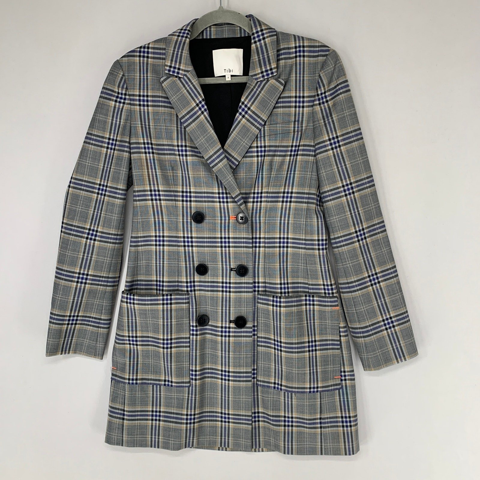 Tibi Lucas Women Blazer Dress 4 Gray Plaid Double Breasted Pattern