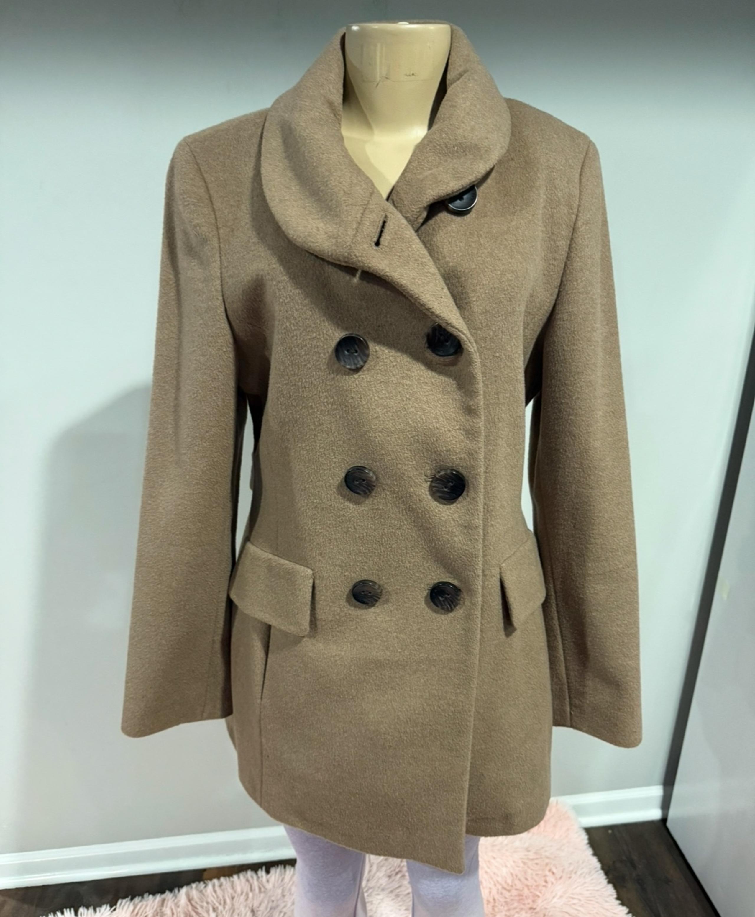 Pea coat size medium women Calvin Klein Jacket Wool long brown Button Up