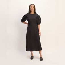 Everlane The Linen Short-Sleeve Scoop Midi Dress in Black Size 4 NWOT