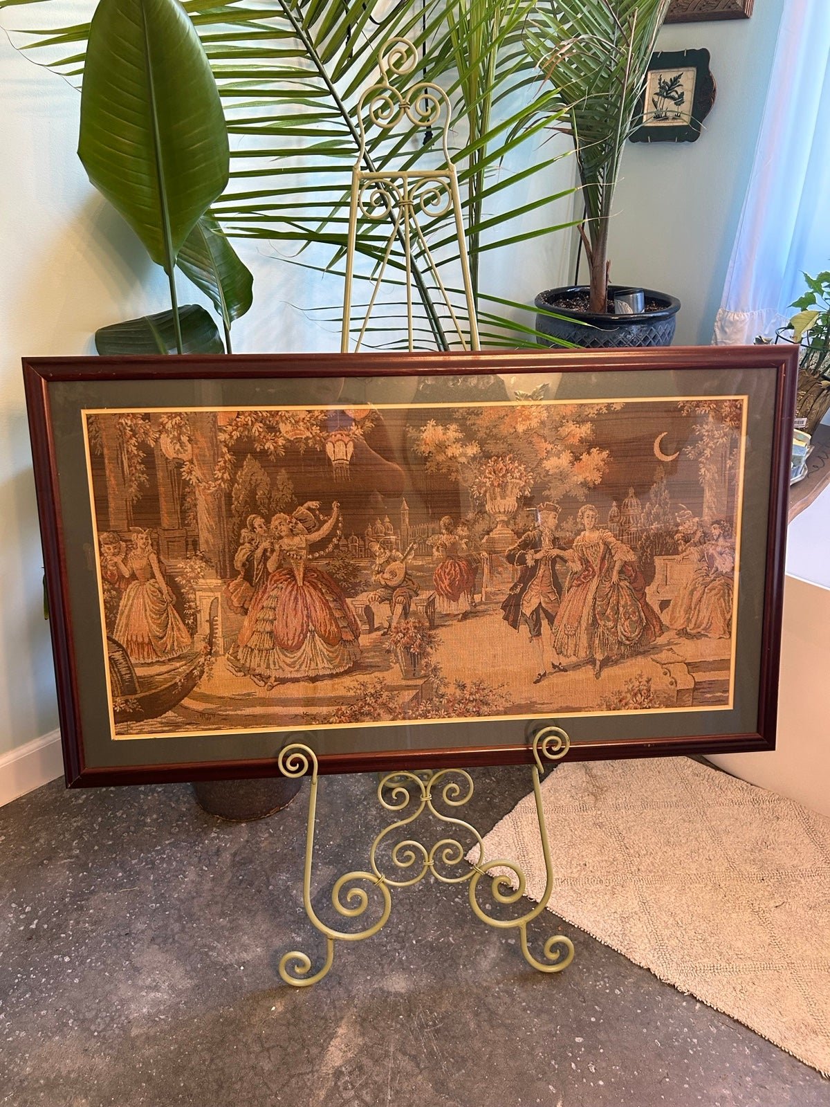 Antique French tapestry framed, moonlight lovers
