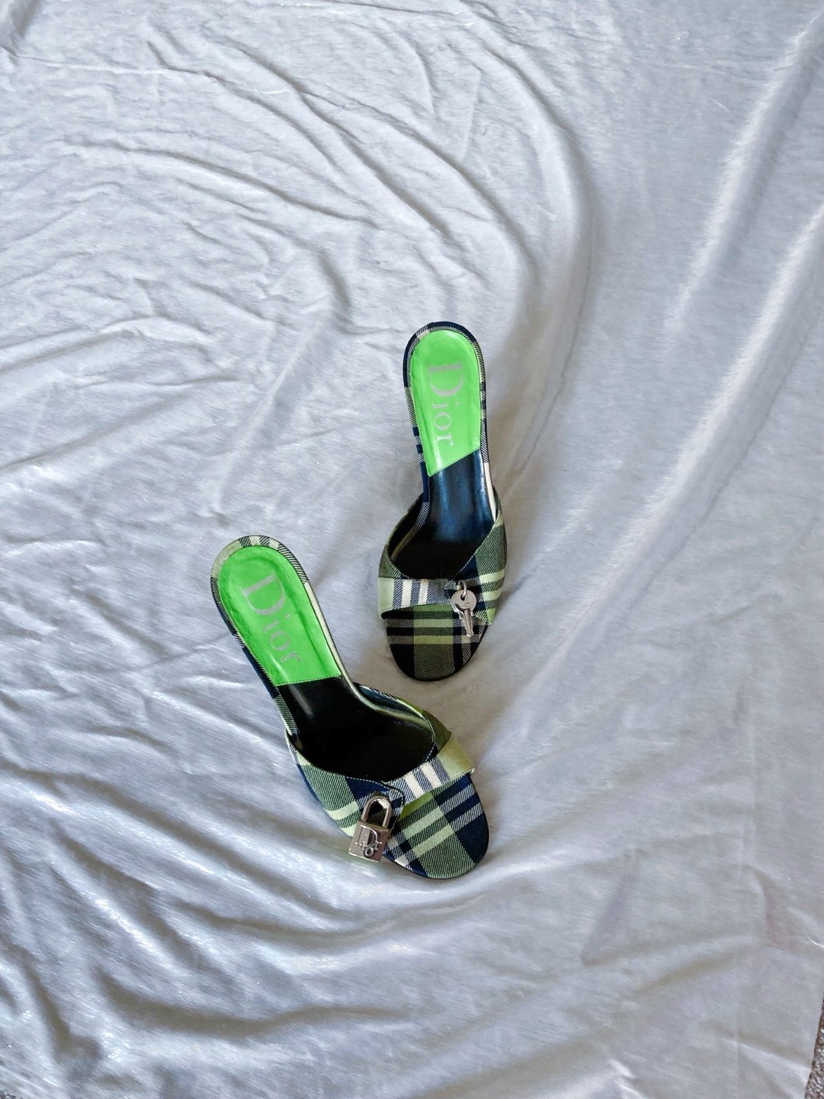 vintage Dior by John Galliano Green Plaid lock and key heels