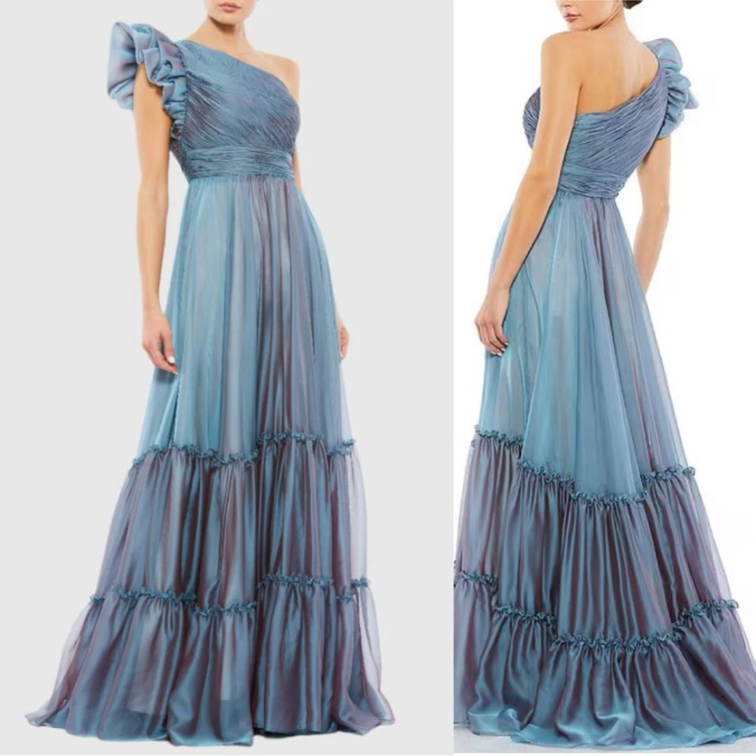 Nwt Mac Duggal Organza One Shoulder Pleated Tiered Ruffle Gown Fusion Blue Dress