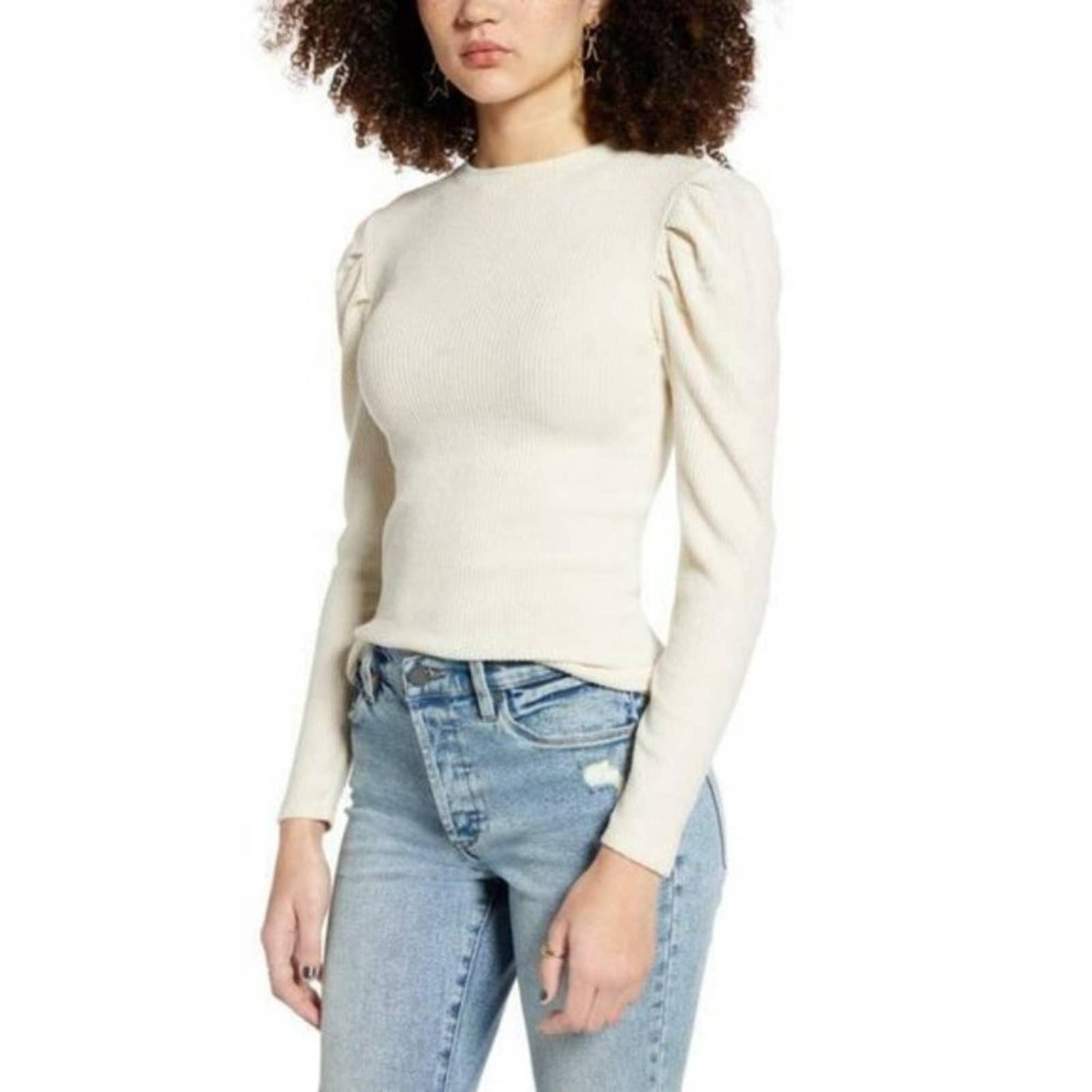 BP Puff Sleeve Ribbed Top Ivory 3X NEW