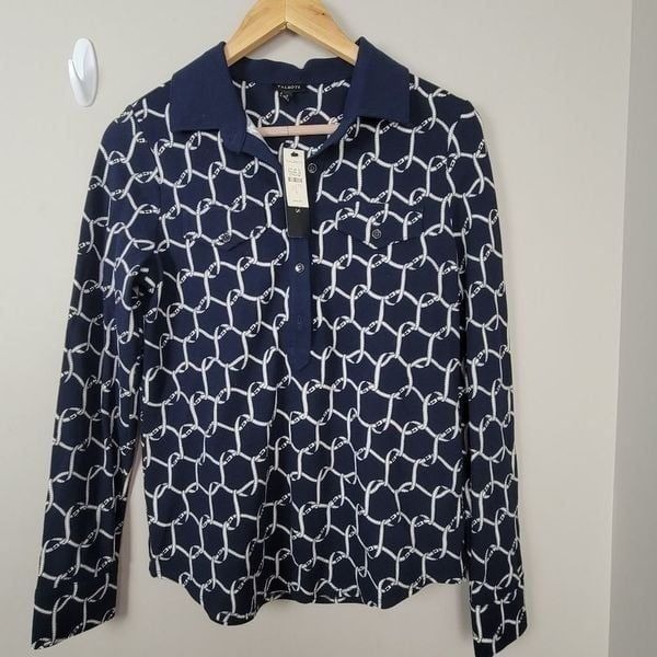 TALBOTS Chain Link Graphic Long Sleeve Collared Polo Cotton/ Spandex Small
